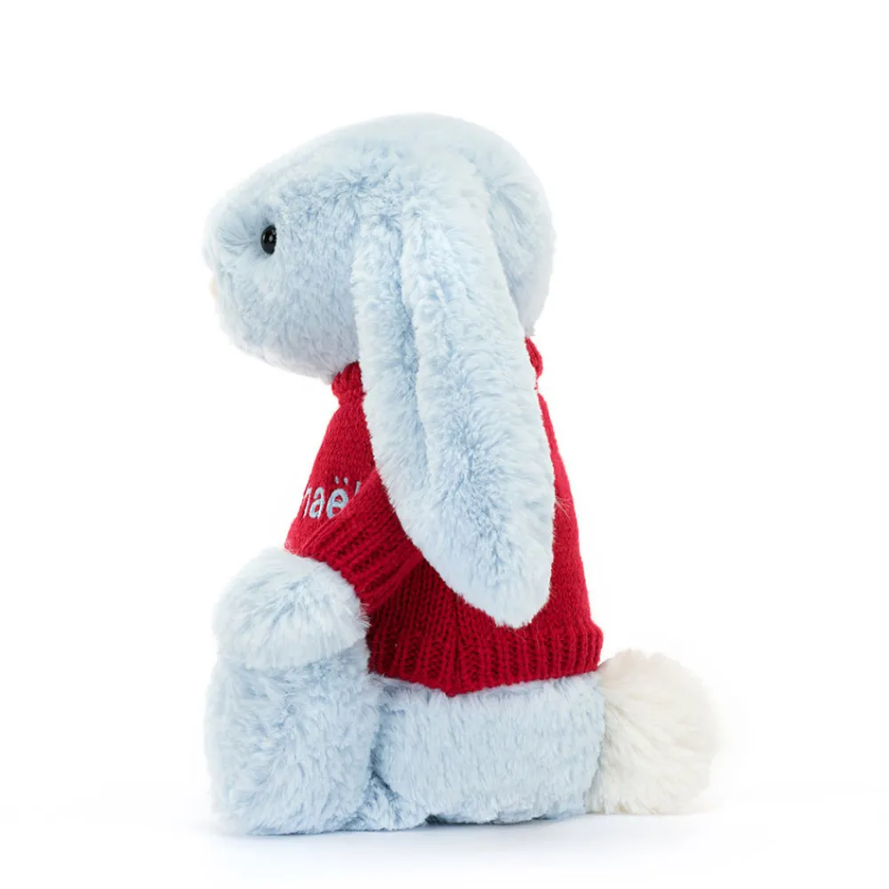 Jellycat Bashful Blue Bunny with Personalised Red Jumper